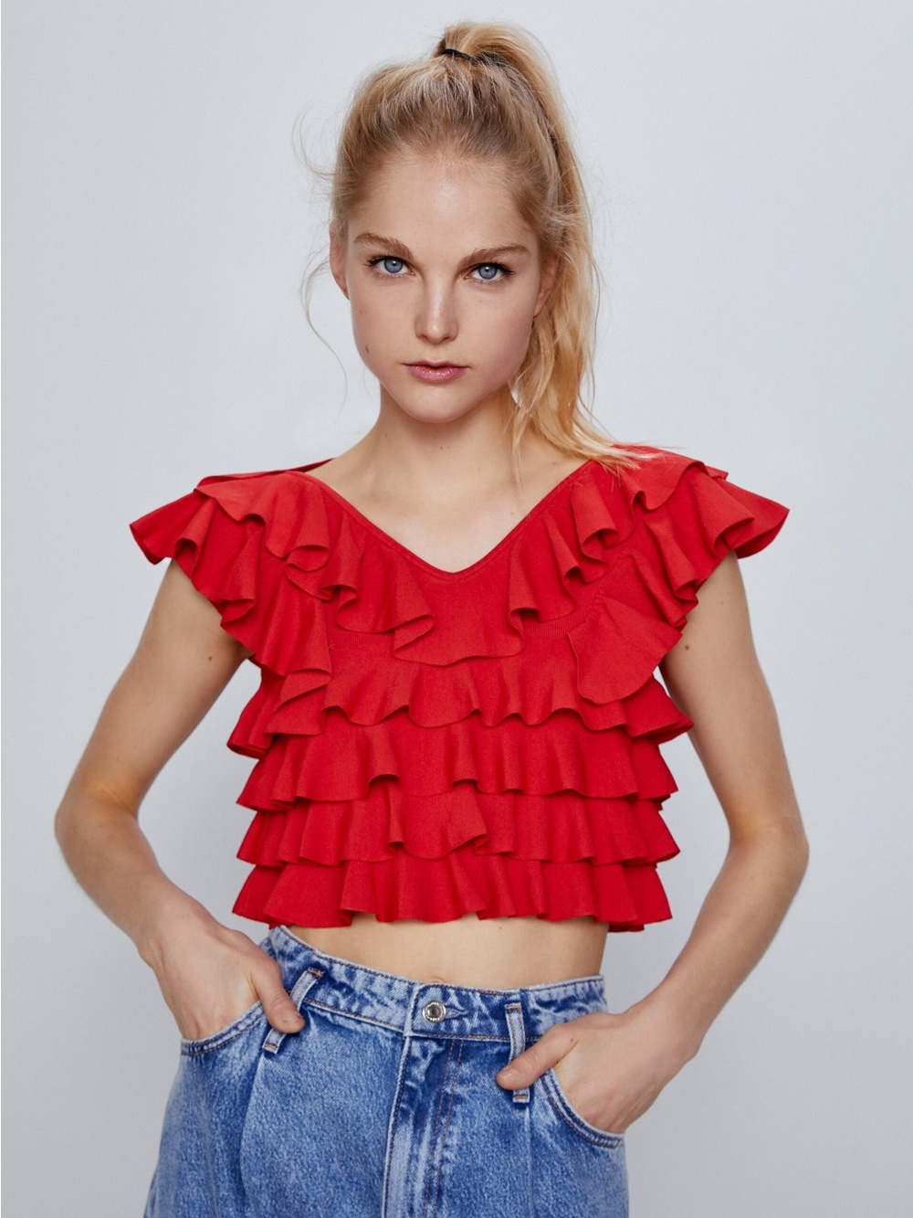 Zara Red Ruffle Crop Top - Women's Stylish Layered Tee